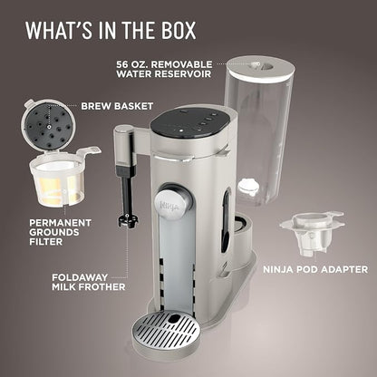 Ninja Pod and Grounds Coffee Maker, K-Cup Compatible, Stone, PB051ST | Brews, Compact Design, Built-in Milk Frother, 56 Ounces Reservoir, 6 Ounces Cup to 24 Ounces Mug Sizes