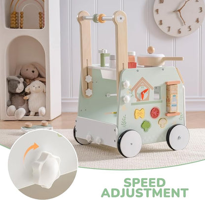 ROBOTIME Baby Walker Push Toy, Adjustable Height & Speed, Prevents Bow Legs, Spring Garden Activity Center with Clock, Shape Sorter, Play Kitchen, and Sink, Ideal Toddler Walking Toy for 10+ Months
