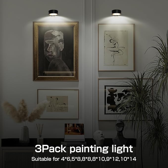 2-Pack Picture Light for Paintings Battery Operated Art Light with Remotes,3 Lighting Display Light,Magnetic Dimmable and Timer Wall Light for Picture Artworking Frame Portrait,LED Puck Lights-Black