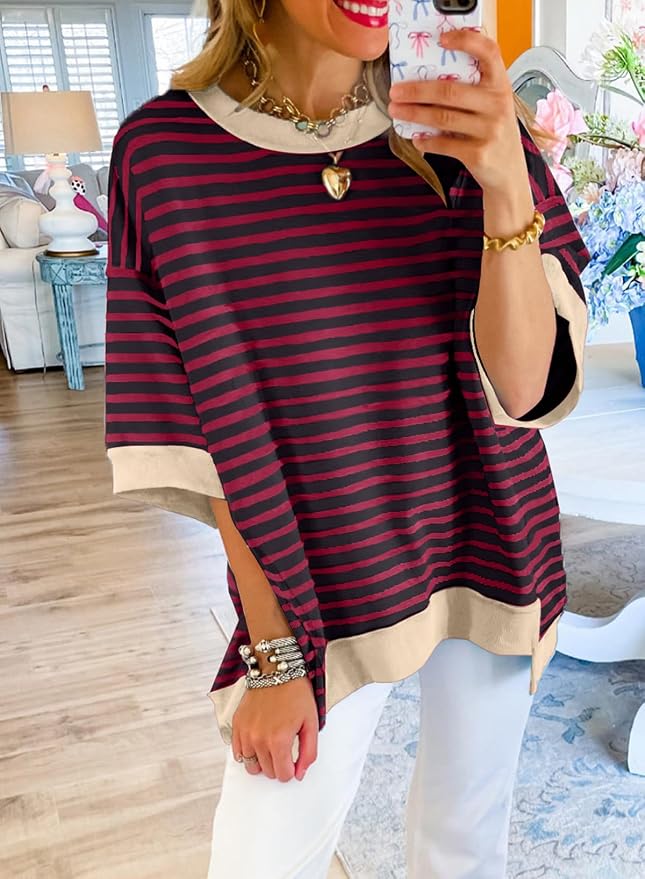 SHEWIN Womens Tops Casual Short Sleeve Sweatshirt Crewneck Striped Shirt Pullover T Shirts Loose Blouses