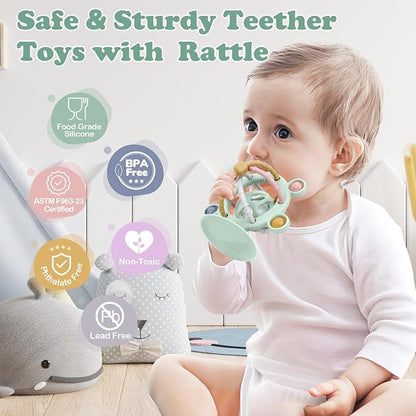 TYRY.HU Silicone Baby Teething Toys for Babies 0-6 6-12 Months, Multi Purpose High Chair Toys, Baby Suction Table Toys, Teething Relief Chew Toy, Sensory Rattle Toy with Textures for Infants, Green