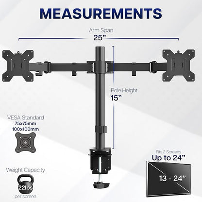 VIVO Dual Monitor Desk Mount, Heavy Duty Fully Adjustable Steel Stand, Holds 2 Computer Screens up to 24 inches and Max 22lbs Each, Black, STAND-V024
