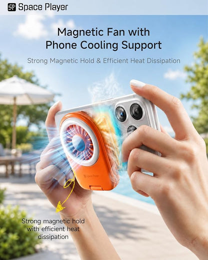 Space Player 6-in-1 Mini Fan, Portable Handheld Fan with Neck Fan, Magnetic Phone Mount, Desktop Stand & Selfie Fill Light, USB Rechargeable Pocket Fan for Travel, Cruise, Concert, Makeup,Blue