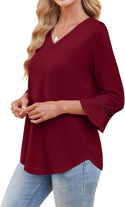 WIHOLL Womens Blouses Dressy Casual 3/4 Length Sleeve Tops Lace Trendy 2026 Spring Summer V Neck Shirts Vacation Outfits