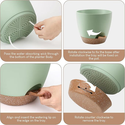 Plant Pots 10/9/8/7.5/7 inch, Self Watering Planters with Drainage Holes & Saucers for Indoor and Outdoor Plants (Green)