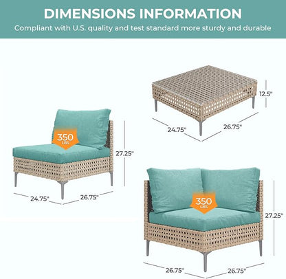 Grand patio 4-Piece Wicker Patio Furniture Set, Boho Outdoor Conversation Set Sectional Sofa with Water Resistant Thick Cushions and Coffee Table, Blue