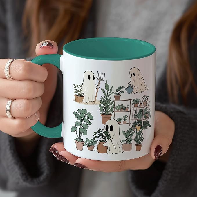 Hyturtle Cute Ghost Plant Mug Gifts For Plant Lovers on Birthday, Halloween | Garden Gifts for women, Gardening 11oz Ceramic Cup, Ghost Mug, Vivid double-sided fade-resistant print, Comfort grip handle