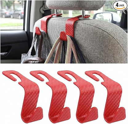 4PCS Car Seat Headrest Hooks, Auto Back Seat Hanger Holder, Durable Stylish Vehicle Organizer Universal Car Interior Accessories, Storage Hooks for Purses, Bags, Clothes (Carbon Fiber/Red)