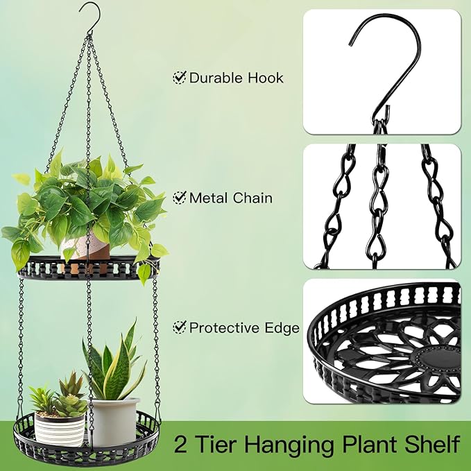 Plant Hanger Indoor Outdoor, 2 Tier Hanging Planter Plant Shelf, Metal Hanging Plants Holder for Indoor Outdoor Plants