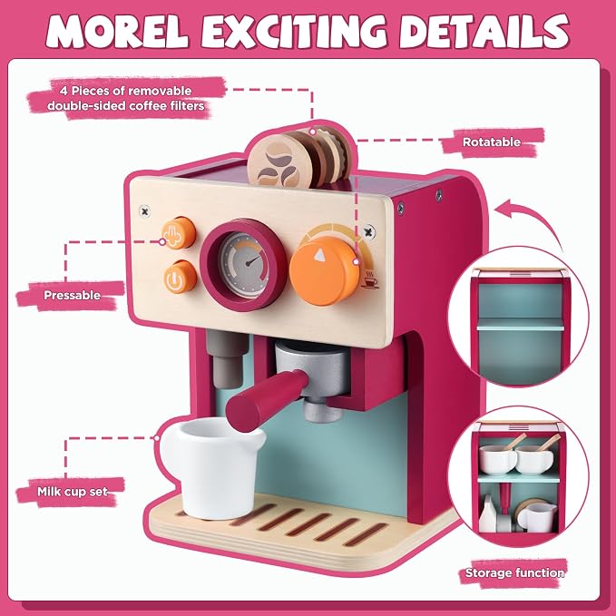 GAGAKU Wooden Coffee Machine Toy for Toddlers, Montessori Learning Toys for 3 4 5 Year Old Girls & Boys, Realistic Pretend Play Kitchen Accessories with Espresso Maker & Latte Art Set