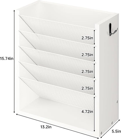Mail Organizer Wall Mounted, 6-Slot Hanging File Organizer with Key Holder | Mail Sorter, Wood Letter Holder for Envelopes Bills Magazine Folders Papers Accessories for Home Office, White