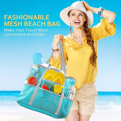 SRISE Mesh Beach Bag - Large Beach Tote Bag for Family Beach Bag for Toys & Vacation Essentials