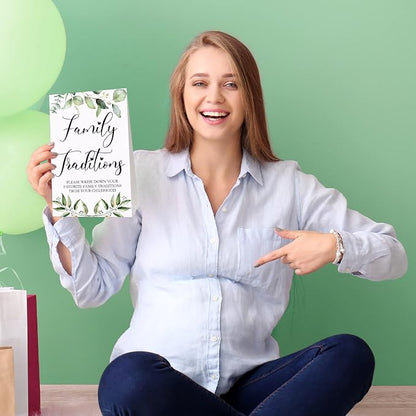 Fumete 61 Pieces Family Tradition Baby Shower Games Include 1 Family Traditions Standing Sign and 50 Activities Cards with 10 Pencils for Gender Reveal Bridal Shower Wedding(Green,Greenery)