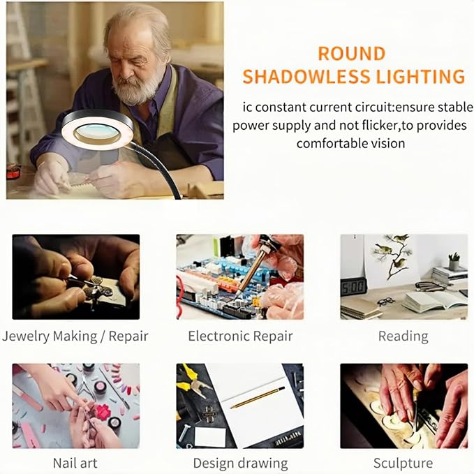 Desk Magnifying Glass with Light 10X, Clip on Desk Lamp,Craft Lamp Adjustable Lighted Magnifying Glass with Stand Portable Eye LED Lamp 3 Colors Dimmable for Reading Crafts Workbench(Sliver 2.0)