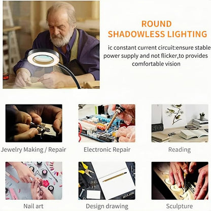 Desk Magnifying Glass with Light 10X, Clip on Desk Lamp,Craft Lamp Adjustable Lighted Magnifying Glass with Stand Portable Eye LED Lamp 3 Colors Dimmable for Reading Crafts Workbench(Sliver 2.0)