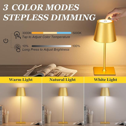 Kakanuo Gold Cordless Rechargeable Table Lamp 5000mAh Battery Operated Lamps, 3 Colors Stepless Dimming Touch Lamp for Living Room, Kitchen Counter, Dining, Outdoor Patio, 2 Pack