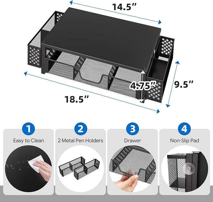 Simple Trending Metal Monitor Stand Riser, Drawer & 2 Pen Holders, Black | 2-in-1 Desk Organizer & Monitor Stand | Sturdy Metal | Ergonomic Support | Space Saving | Easy Setup