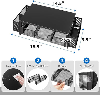 Simple Trending Metal Monitor Stand Riser, Drawer & 2 Pen Holders, Black | 2-in-1 Desk Organizer & Monitor Stand | Sturdy Metal | Ergonomic Support | Space Saving | Easy Setup