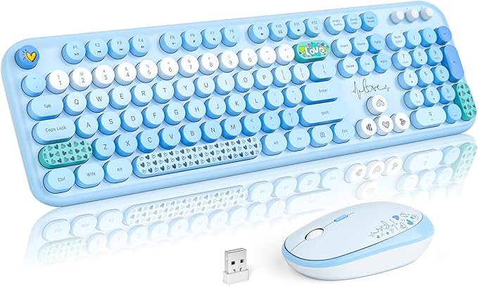 MOFII Wireless Keyboard and Mouse Combo, Cute Retro Typewriter Keyboard and Silent Mouse, 2.4GHz Full Size Computer Keyboard Wireless Mouse Set for PC, Laptop, Desktop, Windows (Blue Colorful)