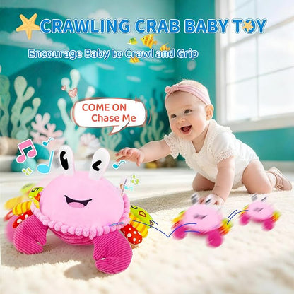 Baby Toys 6-12-18 Months, Pink Crawling Crab Tummy Time Toy, Rechargeable Musical Plush Toy with 50 Songs & Voice Recorder, Dancing Bouncing Interactive Baby Girl Sensory Toddler Toys 1 Year Old Gift