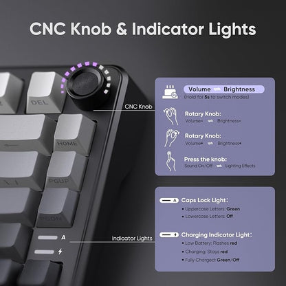 RedThunder K75 Wireless Mechanical Gaming Keyboard, 75% Hot Swappable Creamy Keyboard with Knob, RGB Backlit, Pre-lubed Linear Switches, Side Engraved PBT Keycaps, Wireless/Wired/BT5.0, Gradient Gray