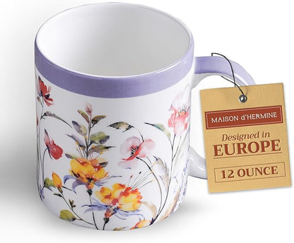 Maison d' Hermine Coffee Mug with Handles Tea Cups (12 Ounce, Pack of 1) | Fine Bone China Coffee Mugs for Hot Beverages Cappuccino Latte Home Restaurant Spring Summer -Summer Floral - Cornflower