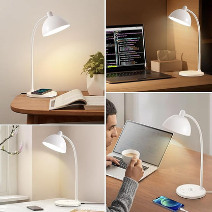 BOHON Desk Lamp, LED Desk Lamp with USB Charging Port, Wireless Charger Desk Light for Home Office, 5 Colors 6 Levels Brightness, Touch Table Lamp for Bedroom Bedside College Dorm Reading, White