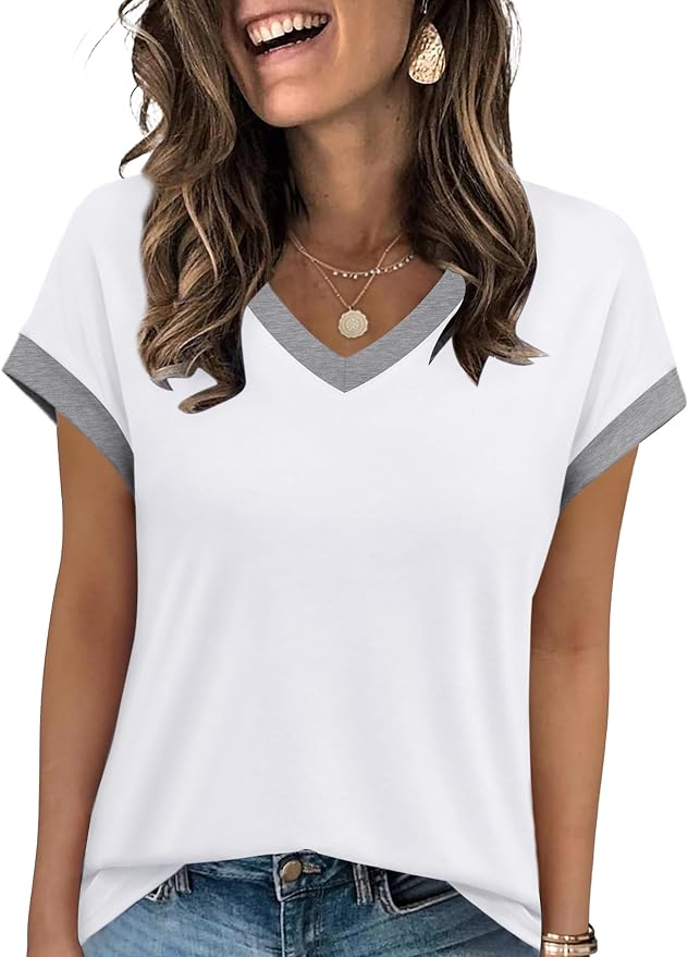 WIHOLL Womens Summer Tops 2026 Cap Short Sleeve Shirs V Neck T Shirts Fashion Beach Vacation Clothes Color Block