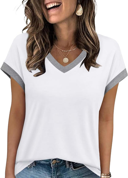 WIHOLL Womens Summer Tops 2026 Cap Short Sleeve Shirs V Neck T Shirts Fashion Beach Vacation Clothes Color Block
