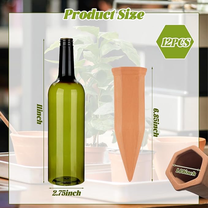 TINSKY 6 Sets Plant Watering Devices Terracotta Self Watering Spikes and 26 Oz Plastic Green Bottles Slow Release Vacation Plant Waterer Automatic Planter Insert for Indoor Outdoor Plants