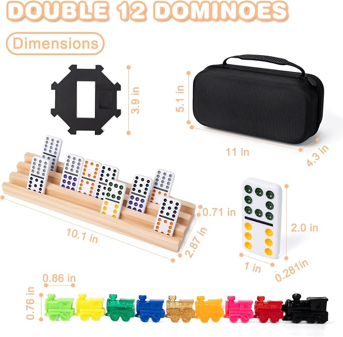 Mexican Train Double 12 Dominoes Set - 91 Tiles with 4 Wooden Trays & Travel Case, Family Board Game for Adults Kids Party Travel
