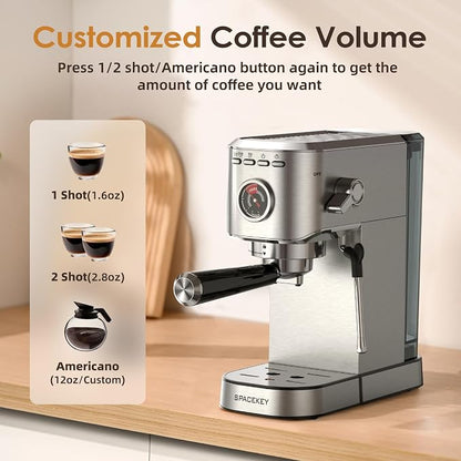 Spacekey Espresso Machine with Milk Frother, 20 Bar Compact Expresso Coffee Machines for Home, Stainless Steel Espresso Maker with 39oz Removable Water Tank for Cappuccino Latte, Fast Heating, Silver