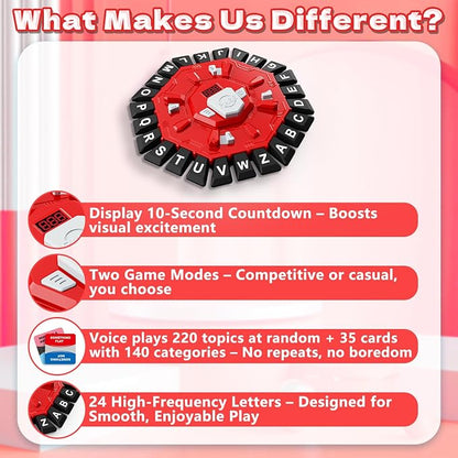 Resflycheng Word Game Family Board Game with Digital Display Timer and 2 Categories Modes Fun Fast-Paced 24-Letter Game for Learning Party Interactive (Red)