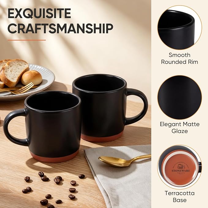 E-far Ceramic Coffee Mug Set of 4, 12oz Stoneware Coffee Cup with Handle, Porcelain Tea Cups, Modern Farmhouse Latte Mug Gift Set for Women & Men, Microwave Safe, Matte Black