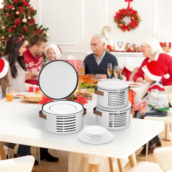 Foyego China Storage Containers, Light Gray, 4 Piece Set | with Lid, Handles & Visible Window, Stackable Moving Boxes for Plates Storage, Sturdy Dish Packing Supplies for Protection