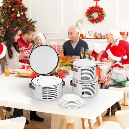 Foyego China Storage Containers, Light Gray, 4 Piece Set | with Lid, Handles & Visible Window, Stackable Moving Boxes for Plates Storage, Sturdy Dish Packing Supplies for Protection