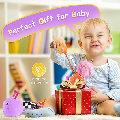 Baby Sensory Musical Caterpillar Plush Toy, Soft Stuffed Animal with Mirror Crinkle Paper Rattle Teether, Tummy Time Play Toy for 0-12 Months Newborn Infant for Boys Girls, Purple