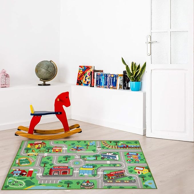 Kids Play Rug for Playroom 5.2x3.3 ft Town City Road Map Car Mat Play Mat Educational Learning Carpet Area Rug for Boy Girl Toddler Bedroom Playroom
