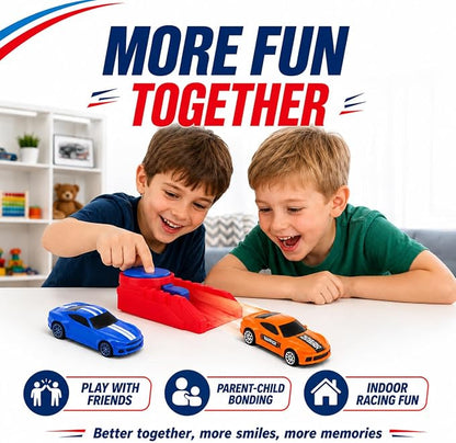 Die Cast Toy Cars with Catapult Launcher | 2 die-cast sports cars with a manual press launcher for indoor racing and vehicle-themed play.