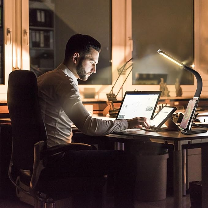 LED Desk Lamp with Wireless Charger, USB Charging Port, Stepless dimmable brightness, 3 Color Modes, Desk Lamps for Home Office, Table Lamp Eye Caring Reading Light, Gesture Control desk light