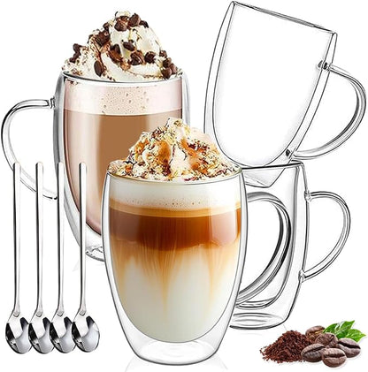 DINGPAI 15 oz Double Walled Glass Coffee Mugs, Large Coffee Mug with Handle | Borosilicate Glass, Insulation, Dishwasher Safe, Clear Glass Cups with Spoon for Latte, Cappuccino, Espresso, Americano
