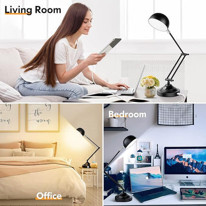 Touch Control LED Desk Lamp with USB Charging Port, Architect Black Metal Lamp with Adjustable Swing Arm, Dimmable Modern Table Lamp for Home Office Reading Study, 3000K/4000K/5000K 3 Color Modes