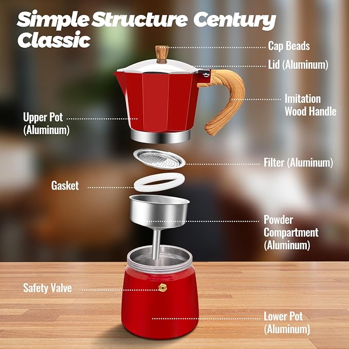 6 Cup Aluminum Moka Pot Classic Stovetop Espresso Coffee Maker 300ml 10oz Coffeemaker Percolator Mocha Pot Greca Coffee Maker Cafe Makers for Italian and Cuban Café Brewing Red