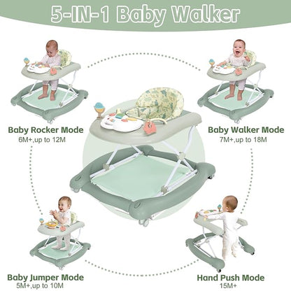 5 in 1 Foldable Baby Walker,Activity Baby Walker-Baby Bouncer,Rocker,Activity Center,Seat and Push Walker,Detachable Footrest Mat,Adjustable Speed Rear Wheels and Height,Ages 6-18 Months (Light Green)
