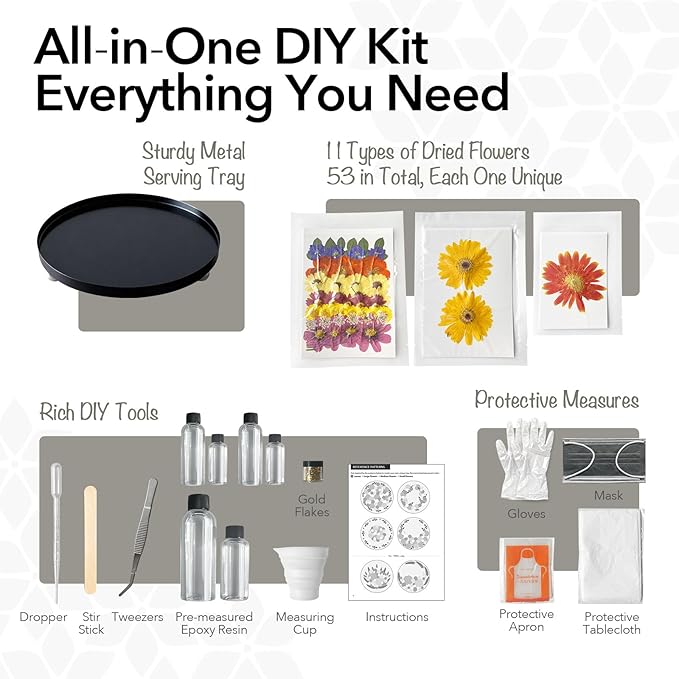Auraeve All-in-One Resin Tray Craft Kit for Adults, Black-Pro, 11.8" | 54Pcs Real Flowers, 13.5OZ Epoxy Resin, Metal Tray, Gift for Craft Lovers, Create a Unique Trinket Organizer, Décor