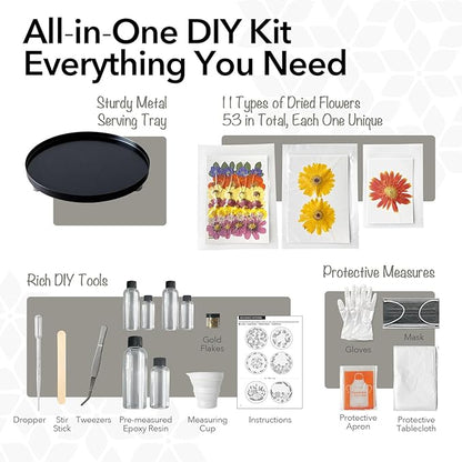 Auraeve All-in-One Resin Tray Craft Kit for Adults, Black-Pro, 11.8" | 54Pcs Real Flowers, 13.5OZ Epoxy Resin, Metal Tray, Gift for Craft Lovers, Create a Unique Trinket Organizer, Décor