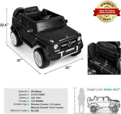 JOYLDIAS Licensed Mercedes-Benz G650S Ride On Car for Kids, 12V7AH Kids Ride On Truck W/LED Underglow Lights,Remote Control, 3 Speeds,Music,Bluetooth,Twin Motors, Spring Suspension, Black