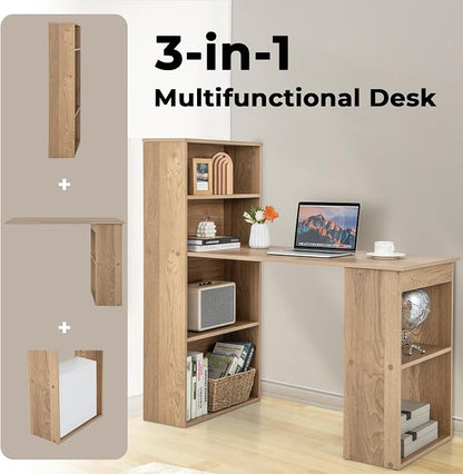 Giantex 48 Inch Computer Desk with Bookshelf, 3-in-1 Home Office Desk with 4-Tier Bookcase & CPU Stand, Space-Saving Reversible Writing Desk Work Table for Bedroom, Study Room, Office (Natural)