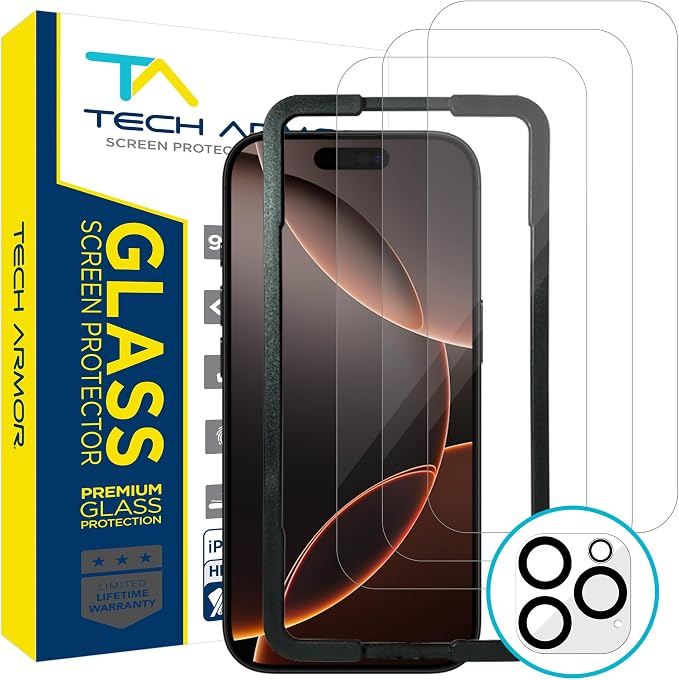Tech Armor for Apple iPhone 16 Pro Screen Protector Glass 6.3 inch - Ballistic Tempered, Case Friendly, Easy Install, Sensor Protection, HD, 9H Hardness, 3 Pack + Bonus Camera Lens Protector