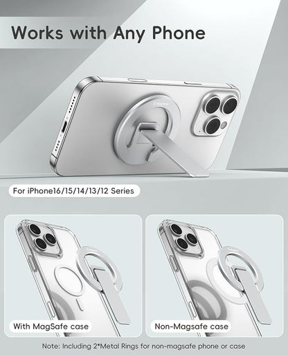 Double-Sided Magnetic Phone Stand Grip, Strong Magnetic Kickstand Desk Holder for Mag&Safe and Smartphone, Foldable Adjustable Design, Silver
